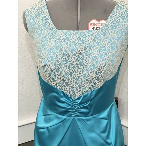 Vintage Turquoise Sleeveless Satin Sheath Dress White Lace Papillon - Picture 3 of 11